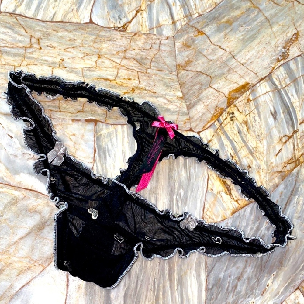 Sexy Little Things Thong Panty Ruffle Bow Black Rare Lace Mesh Sheer